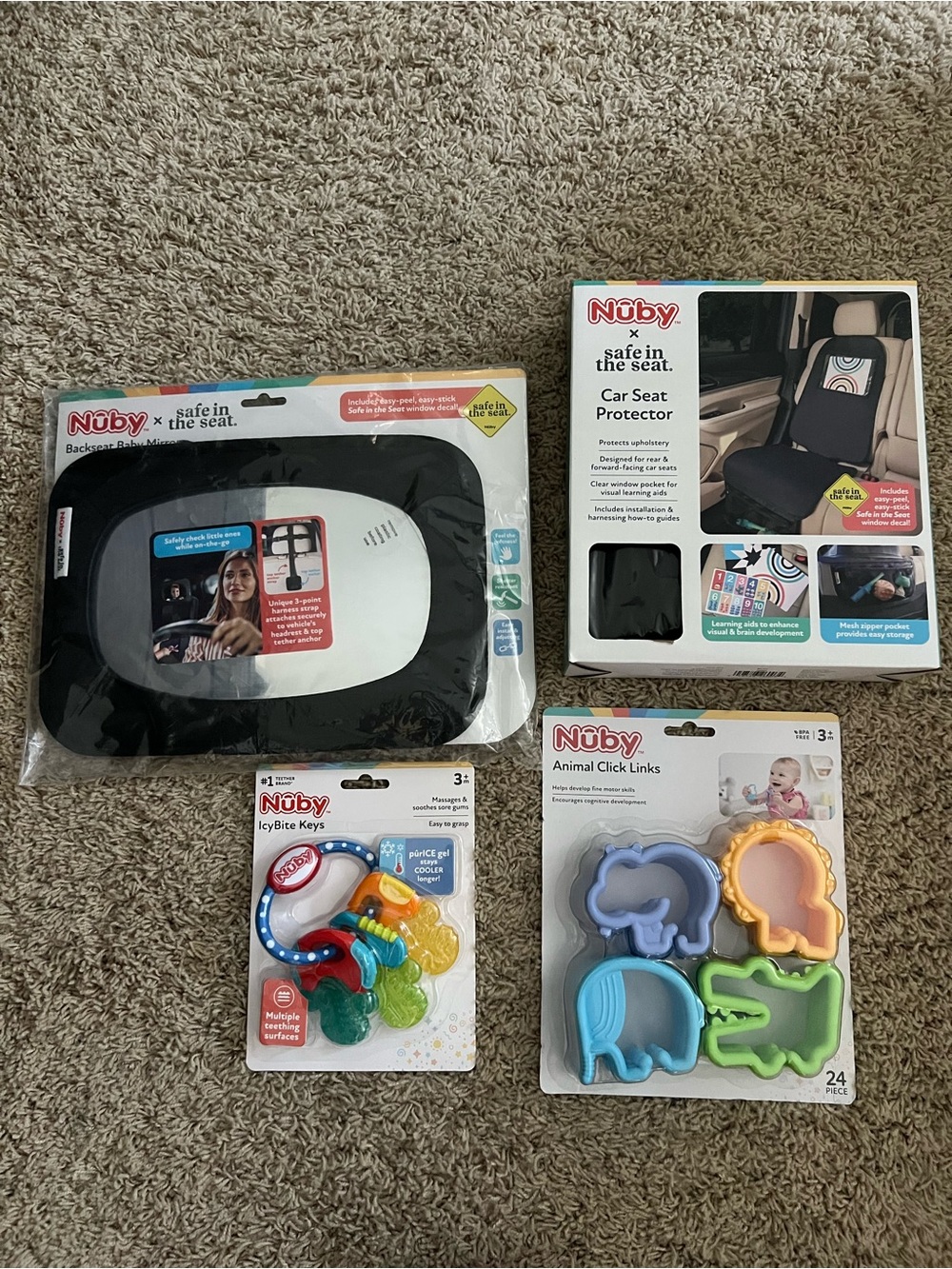 Nuby Car Seat Protector, Backseat Baby Mirror, Animal Click Links & Icy Bite Key